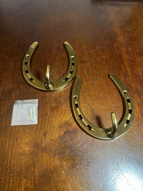 2 Brass Gold tone Horseshoe Wall Mounted Coat Hooks Western. One set of screws.