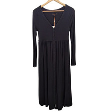 Quince Women Bamboo Rib Maternity Long Sleeve Button Front Midi Dress Black S