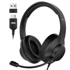 AOC USB Headset with Microphone for PC, Over-Ear Wired Headphones Black