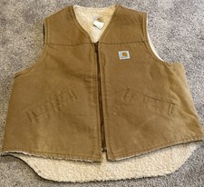 Vtg Carhartt Brown Sherpa Lined Duck Canvas Vest Union Made USA Mens XL