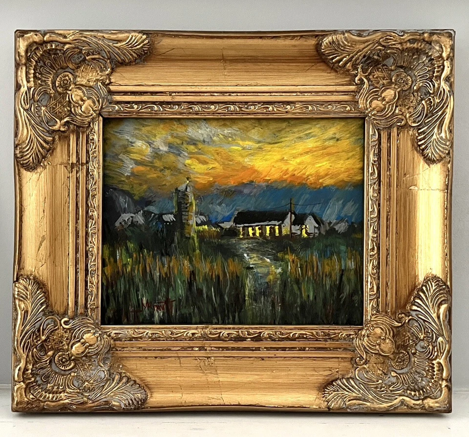 Pintura al óleo original Blue Ridge Sunset Mountains paisaje occidental con marco dorado Foto 4 de 4