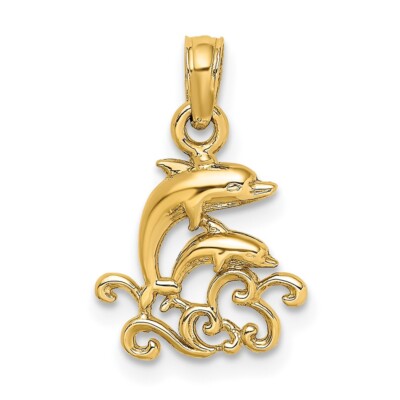 10K Yellow Gold Textured Mini Double Dolphins and Waves Pendant