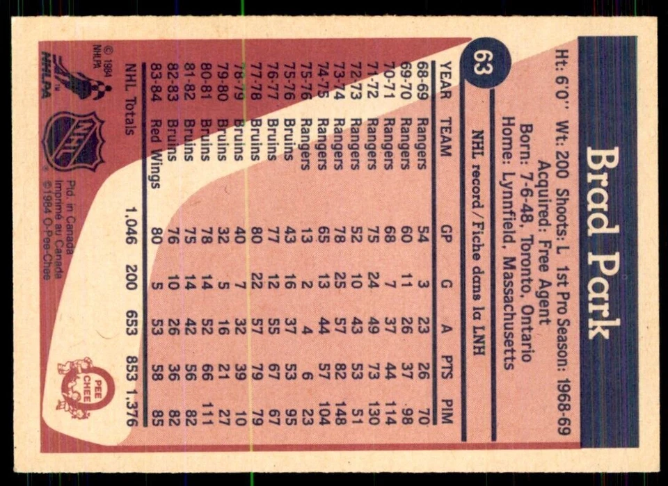 1984-85 O-Pee-Chee Brad Park D Detroit Red Wings #63 - Image 2 of 2