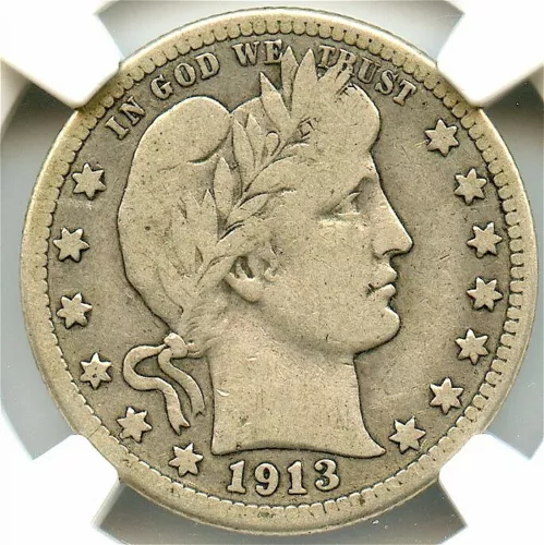 1913-S Barber Quarter, NGC F-12, Key Date, Very Attractive Silver Rare Coin!