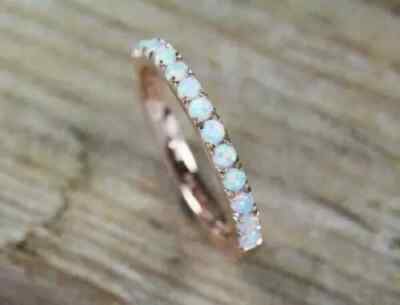 Round Cut Fire Opal Half Eternity Wedding Band Ring 14K