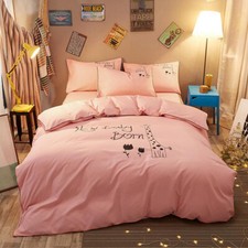 Pink Cartoon Print Bedding Set Duvet Quilt Cover Sheet Pillow Case Four-Piece