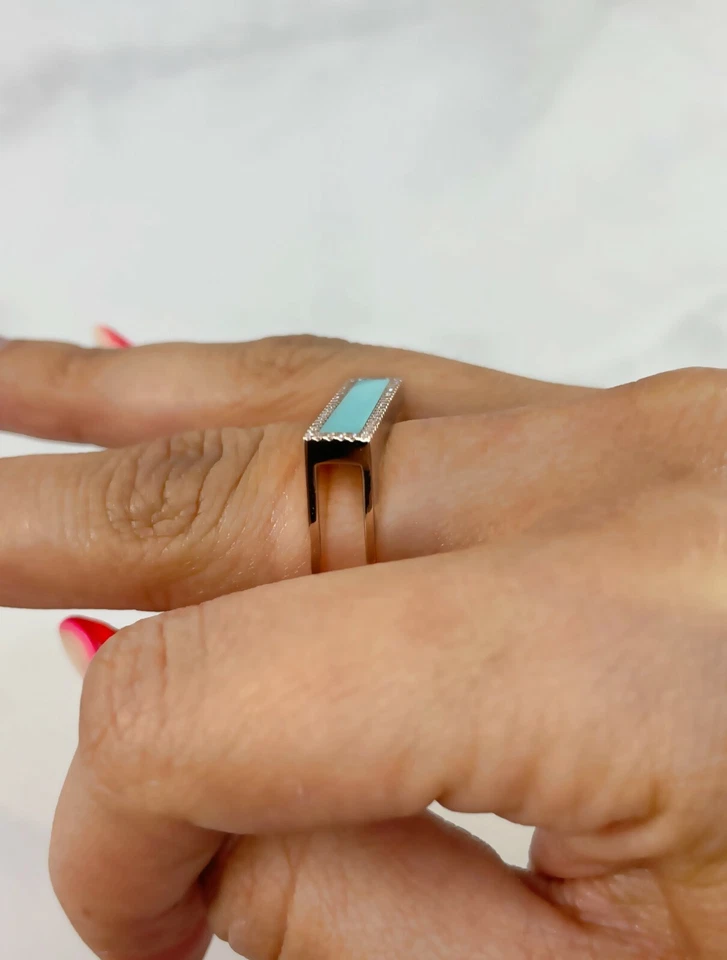 Mujer 14K Oro Blanco Turquesa Diamante Cóctel Tendencia Barra Anillo 1.12 TCW - Imagen 4 de 4