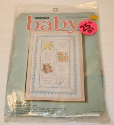 Vintage 1987 Bernat Baby PLAYTHINGS BIRTH SAMPLER Counted Cross Stitch Kit, New