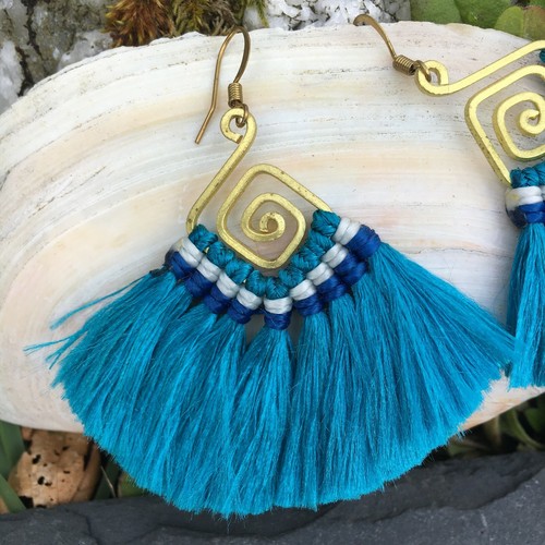 Earring Brass Silk Thread Embroidered Handmade Thailand Boho Ethnic Nomads Wales - Picture 11 of 26