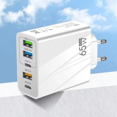 Schnellladegerät 65W Netzteil 5-fach 2x USB-C + 3x USB Charger Mehrfach Stecker - Bild 1 von 4