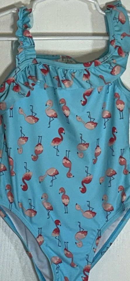 Kiko & Max Little Girl Sz 5 Swim Suit One Piece Light Blue Pink Flamingos Ruffle - Image 4 of 4