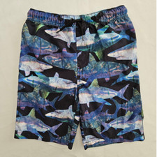 EUC LANDS' END Boy's Blue Shark Print Board Swim Trunks Shorts 14/16 Slim
