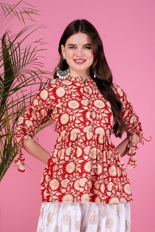 Eid Spezielles rot bedrucktes Kurta-Hosenset im Ethno-Dhoti-Stil für Frauen...