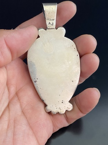 Navajo VTG Signed AJ Native American Sterling Silver Large Turquoise Pendant - Picture 8 of 9