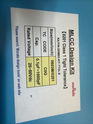 muRata MLCC 0201 tight tolerance design kit. 66 values 0.1 pF to 1000 pF, 20