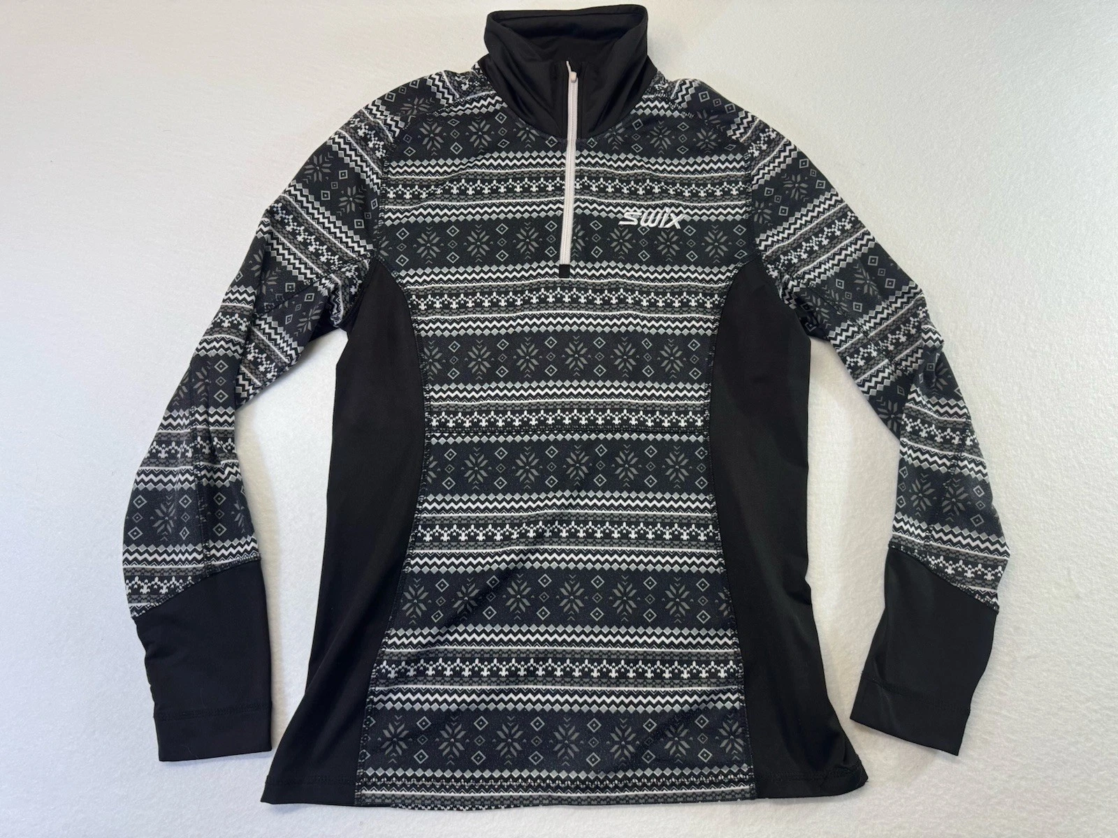 Swix Ski Underlayer Long sleeve Shirt Womens M Black White Snowflake Quick Dry