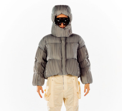 IZZY DU Grey Meda Moncler Pleated Crop Removable Hoodie Nylon Puffer Coat L XL