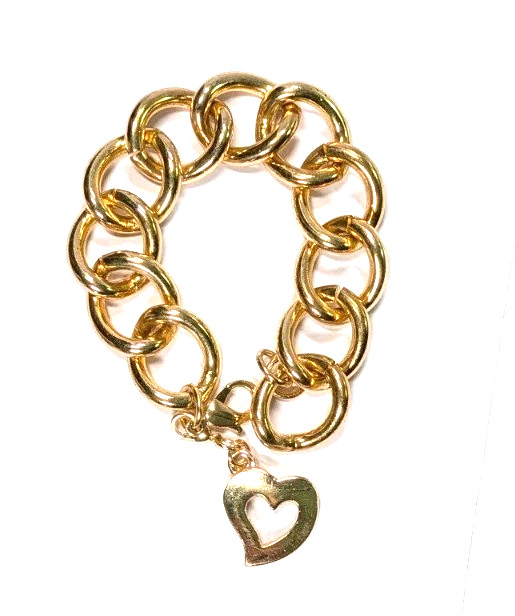 Vintage Gold Tone Chunky Chain Bracelet w/ Heart Charm Lobster Clasp