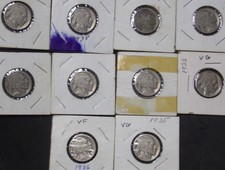 Buffalo Nickles Lot of 10 most Dated Average Circulated