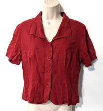 VTG R K Originals Women's Linen Blend Button Front Shirt Sz L Cropped Red EUC
