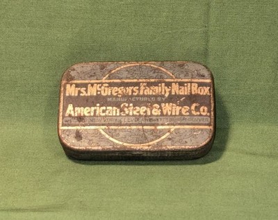 Vintage Tin Mrs McGregor's Family Nail Box w/Nails American Steel & Wire Co.