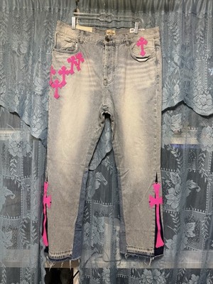 Gallery Dept. Men's Gray & Blue Denim Jeans Pink Cross Graphic Straight