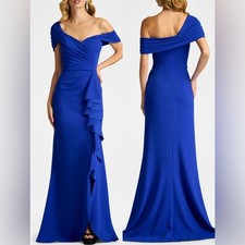 NEW TADASHI SHOJ DREA Waterfall Pleated flounce BOS24107L-MSTBL gown Blue sz XL