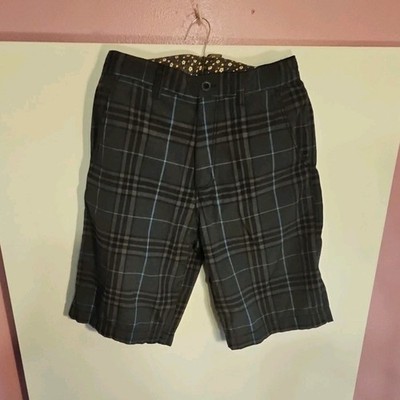 Zero Tolerance Plaid Chino Shorts Black Gray Blue Cotton Pockets Button Men's