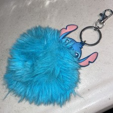 Disney Lilo  Stitch Stitch Blue Pom Pom Pouf Keychain Keyring Plush Charm Furry