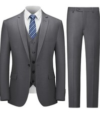 Men's Suit Slim Fit 3 Piece One Button Jacket Tuxedo Vest Pants Tie 4XL Grey