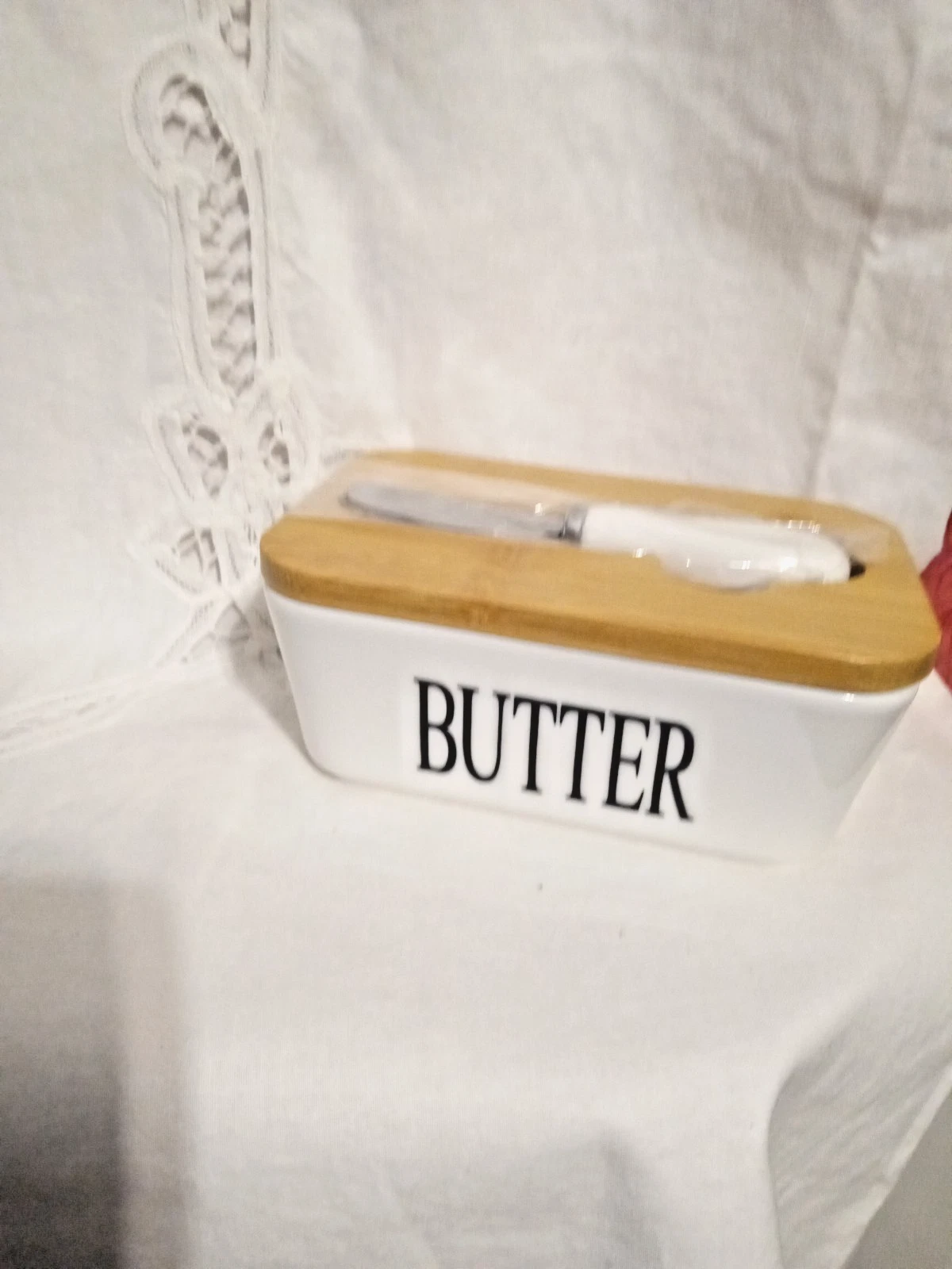 Ceramic Butter Dish with Bamboo Lid and Knife Airtight 6.89"L x 4.69"W x 3.54"H