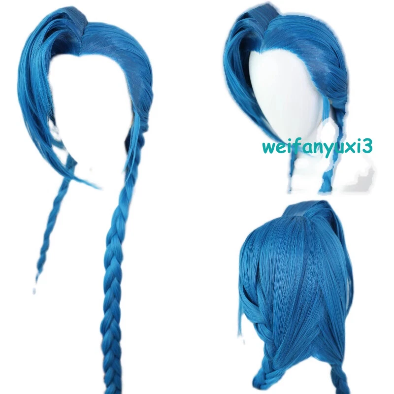 League of Legends LOL Arcano Jinx Cosplay Peluca de Pelo Largo Azul Pelucas Trenzadas Prop Foto 3 de 4