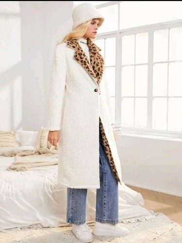 White Leopard Collar Long Teddy Coat | eBay