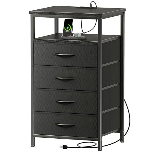 Nachttisch mit Ladestation, Kommode mit 4 Schubladen für 4 Schubladen 1 schwarz - Bild 1 von 7