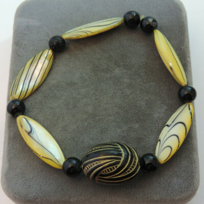 Art Deco Chunky Beaded Yellow Black Large 9'' Stretch  Bracelets  6m 9