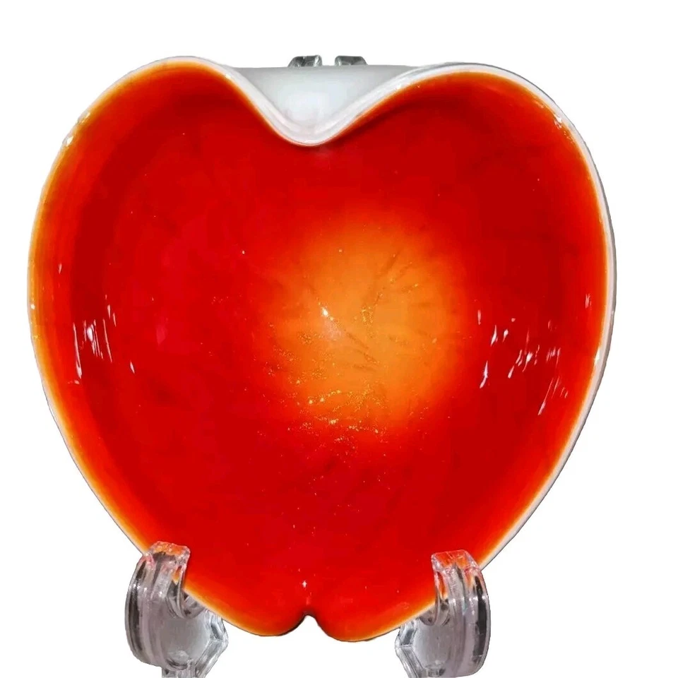 Cuenco de vidrio artístico rojo naranja manchas doradas caja blanca MCM abstracto soplado a mano Foto 4 de 4