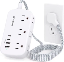 Power Strip with USB C, 5FT Flat Plug, 6 Outlets 4 USB Port(2 USB C), Flat Exten