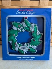Regent Square Studio Design Dated 2021 Holly Wreath Ornament w/ Crystals