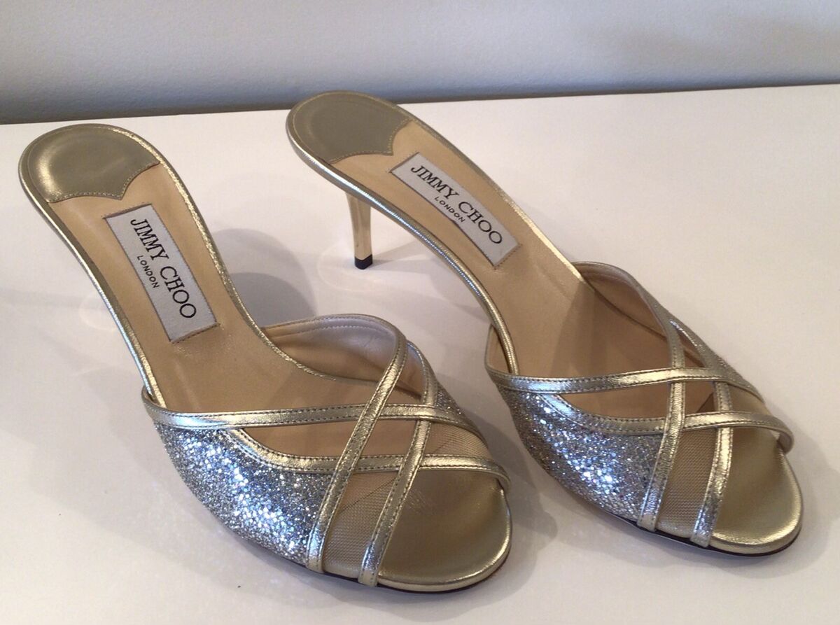 JIMMY CHOO slip on glitter peep toe kitten HEELS sandals JIMMY CHOO slip on glitter peep toe kitten HEELS sandals