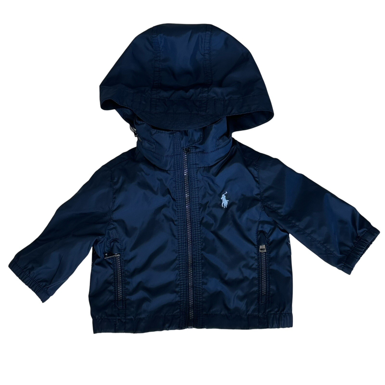 Polo Ralph Lauren ragazzo 3M 3 mesi giacca a vento pioggia blu pony con cappuccio