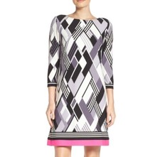 ELIZA J Geometric Print Exposed Zipper 3/4 Sleeve Shift Dress Size 8