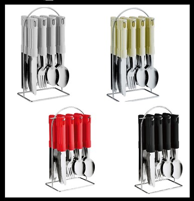 NEU 24-TEILIGES BESTECK ABENDESSEN SET EDELSTAHL METALL STÄNDER RACK GABELN TEELÖFFEL