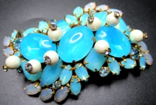 MARVELLA Unsigned Over The Top Blue Cabochon Rhinestone Pearl Vintage Brooch