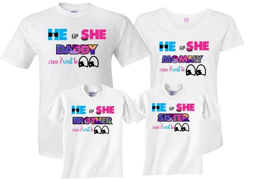 He Or She Cant Wait To See Gender Reveal Family Funny Matching Cute T Shirts Ebay