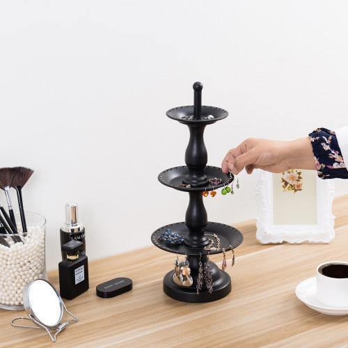 3Tier Black Metal Fountain Earring Holder Organizer & Ring Dish