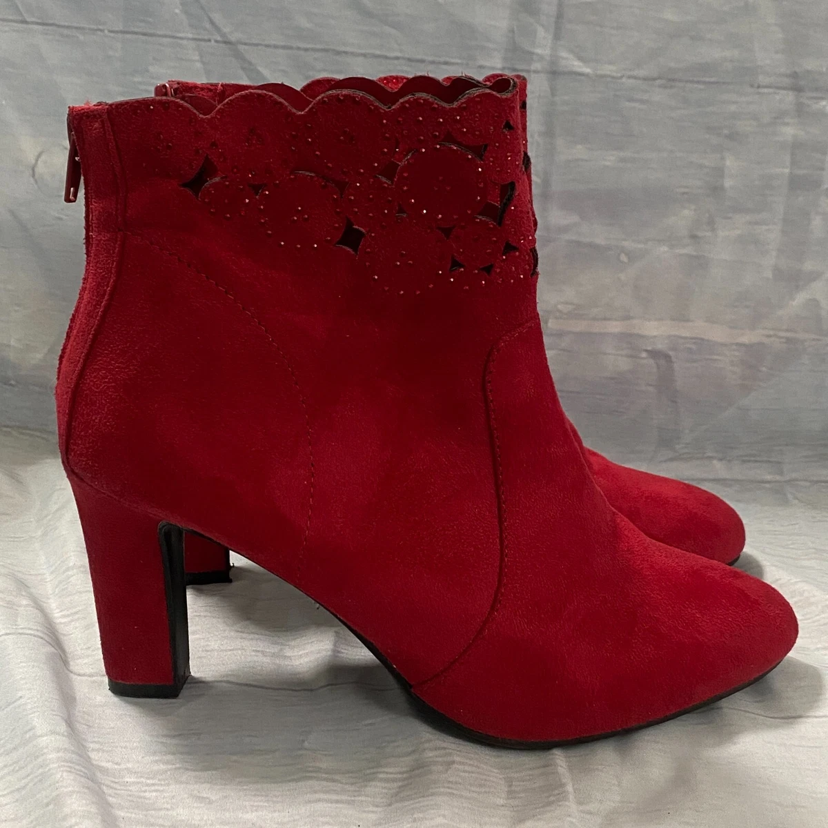 Impo Womens 8 Tarrid Red Heeled Suede Booties Zip Cut Outs Gems