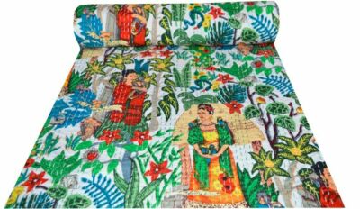 Frida Kahlo Mexican Kantha Quilt Indian Handmade Green Twin Size Bed Cover Throw Quilts Bedspreads Coverlets Bedding