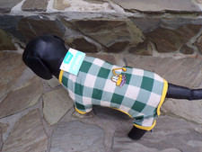 pet dog pajamas, green checked, stretchy, track hoe, XS read size details 
