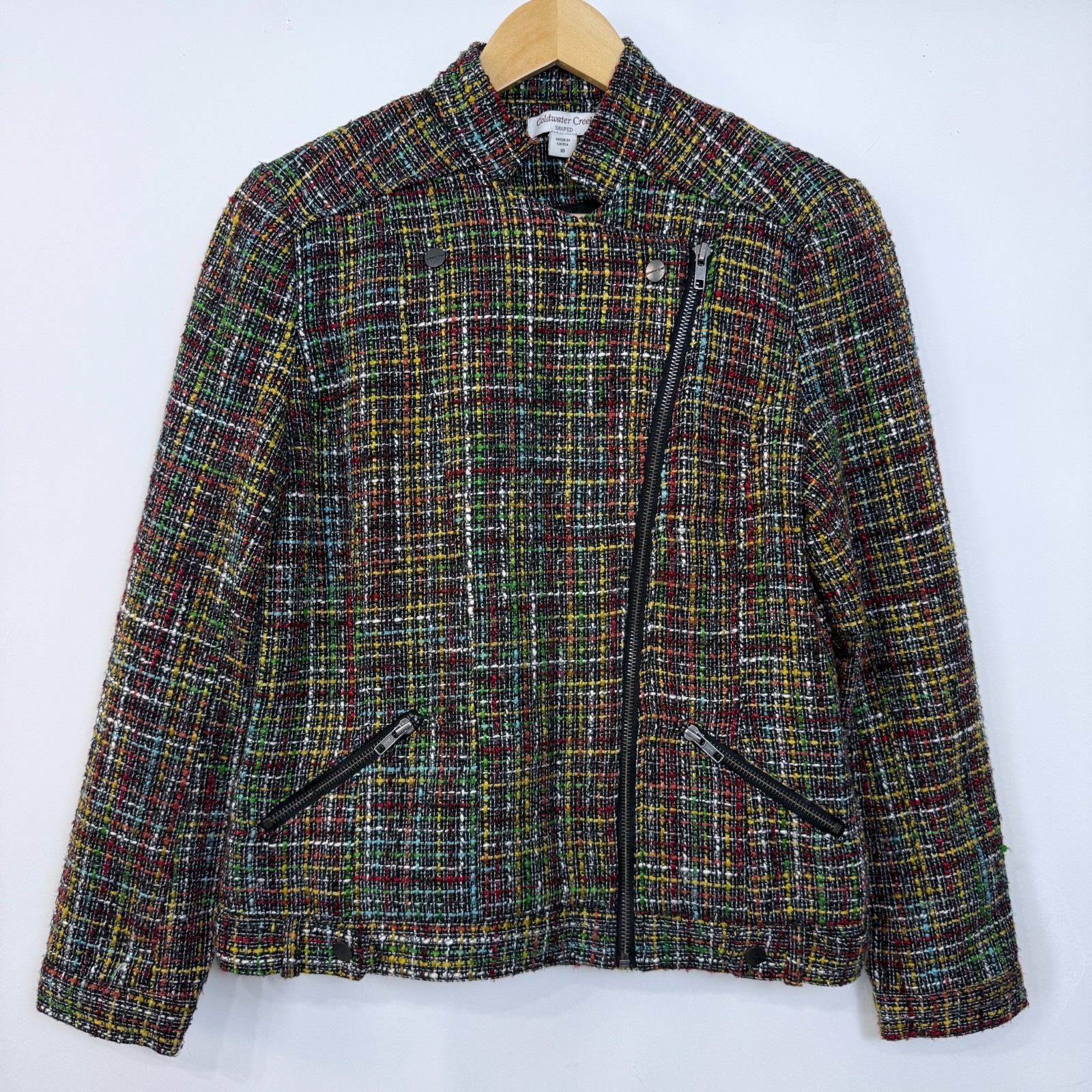 Coldwater Creek Tweed Zip Up Jacket Size 10 Mulitcolor Wool Blend Pockets Lined