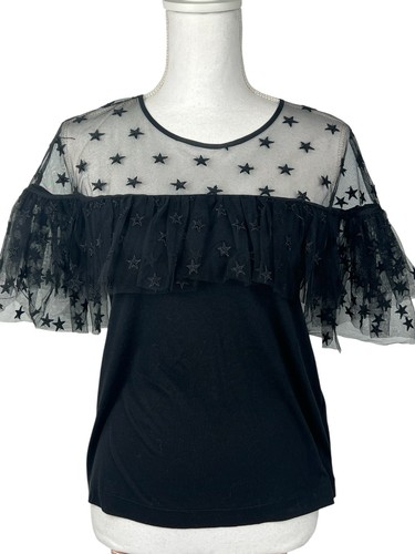 J. Crew Women M Ruffle Star Print Mesh Top Short Sleeve Blouse Color Black - Picture 22 of 24